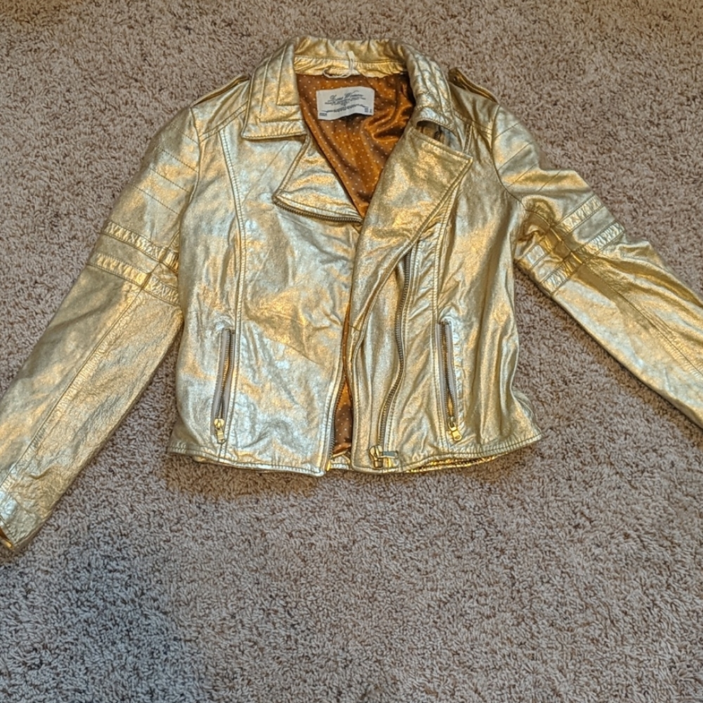 Gold Metallic Leather Moto Jacket M
